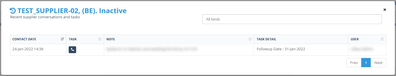 History of a supplier with contact date, task, note and user