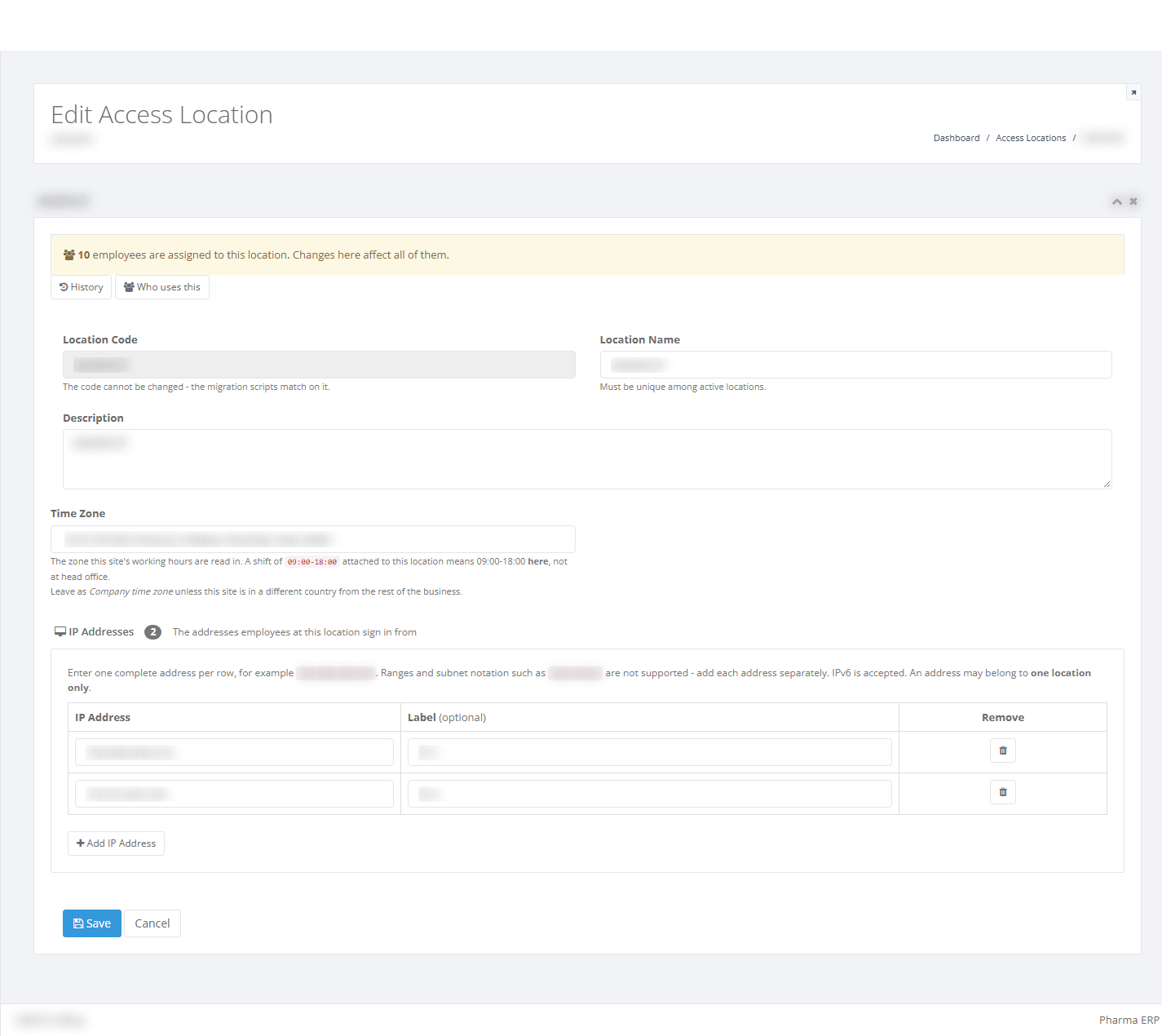The Edit form of a location with employees assigned