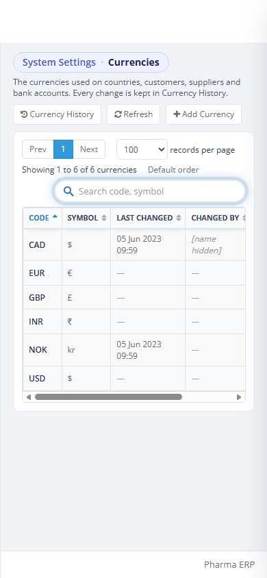 The Currencies page at phone width