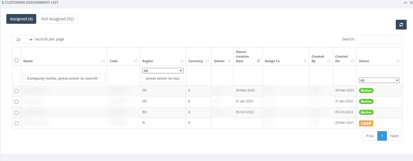 The Assigned tab for a user, Customer side