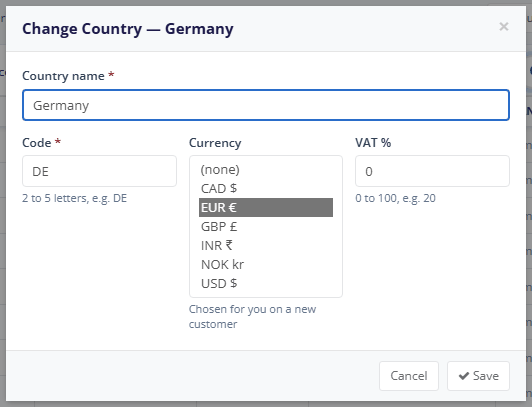 The Currency list on the country form