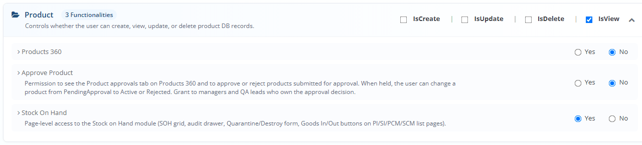 The Product card lists Products 360, Approve Product and Stock On Hand only