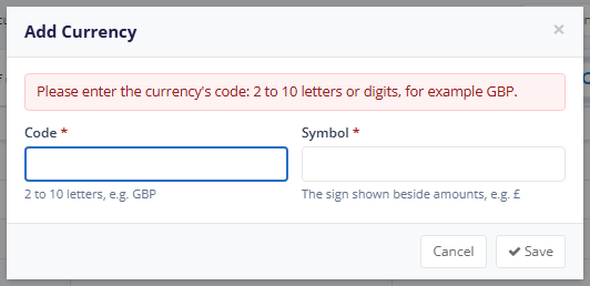 The red message shown when Save is clicked with an empty Code