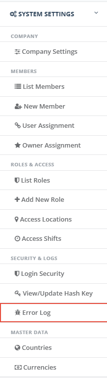 The menu entry Error Log under System Settings and Security & Logs