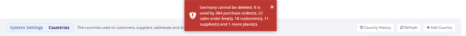 The red message that refuses to delete a country that is in use