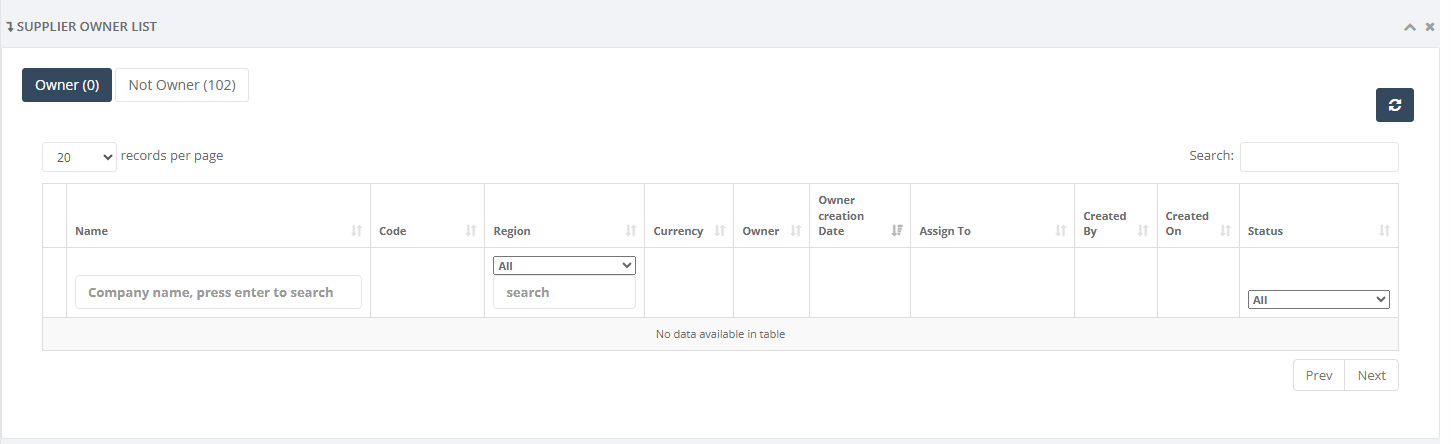 Owner tab of a person who owns no suppliers