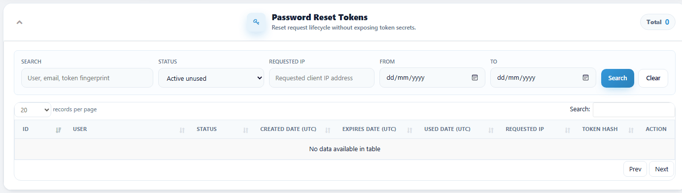 Reset Tokens tab, empty