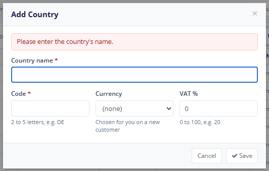 The message shown when the country name is empty