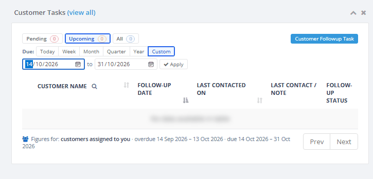 Customer Tasks on the Upcoming tab with Custom dates open
