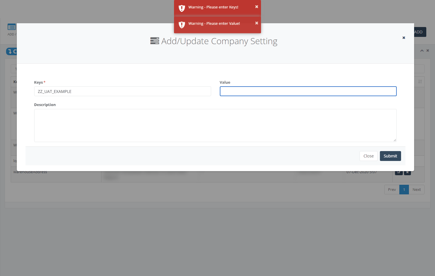 A key typed but no value: the message Warning - Please enter Value!