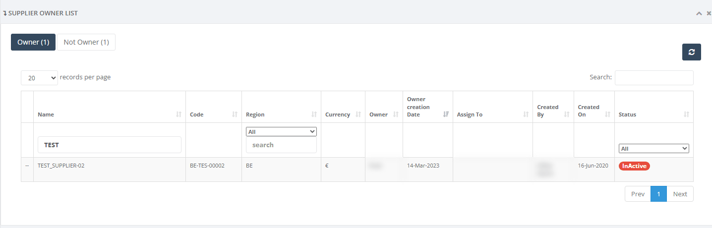 Owner tab filtered to one supplier account
