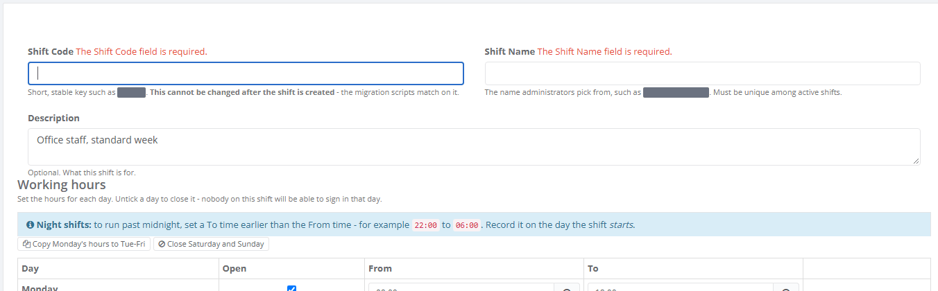 Shift Code and Shift Name left empty, with a required message beside each