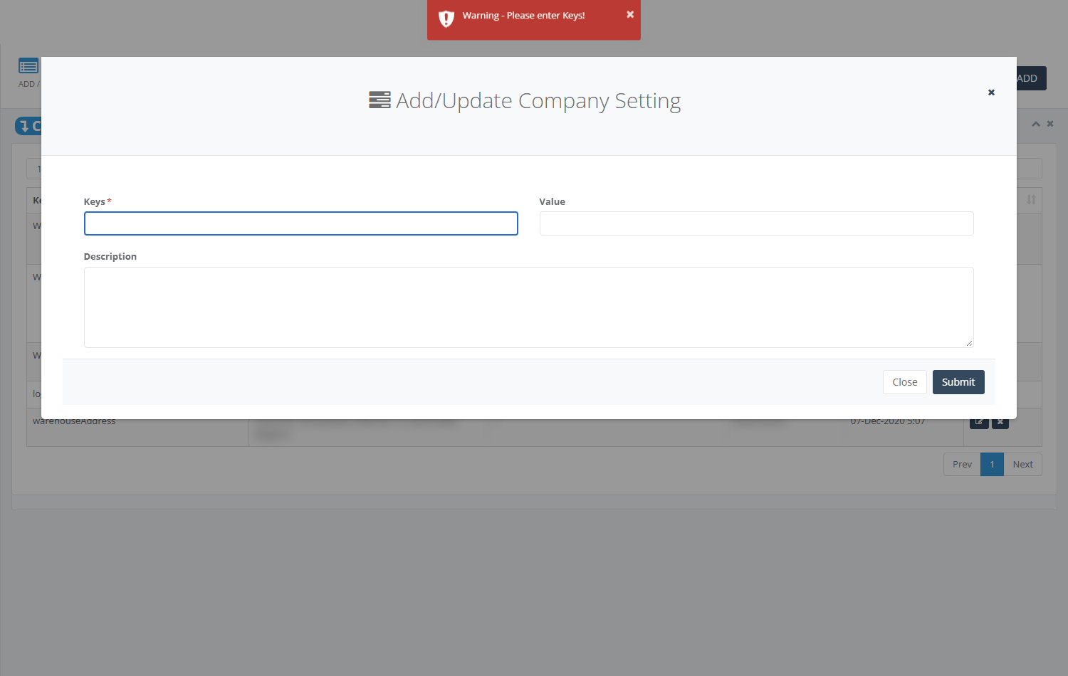 Submit with an empty key: the message Warning - Please enter Keys!