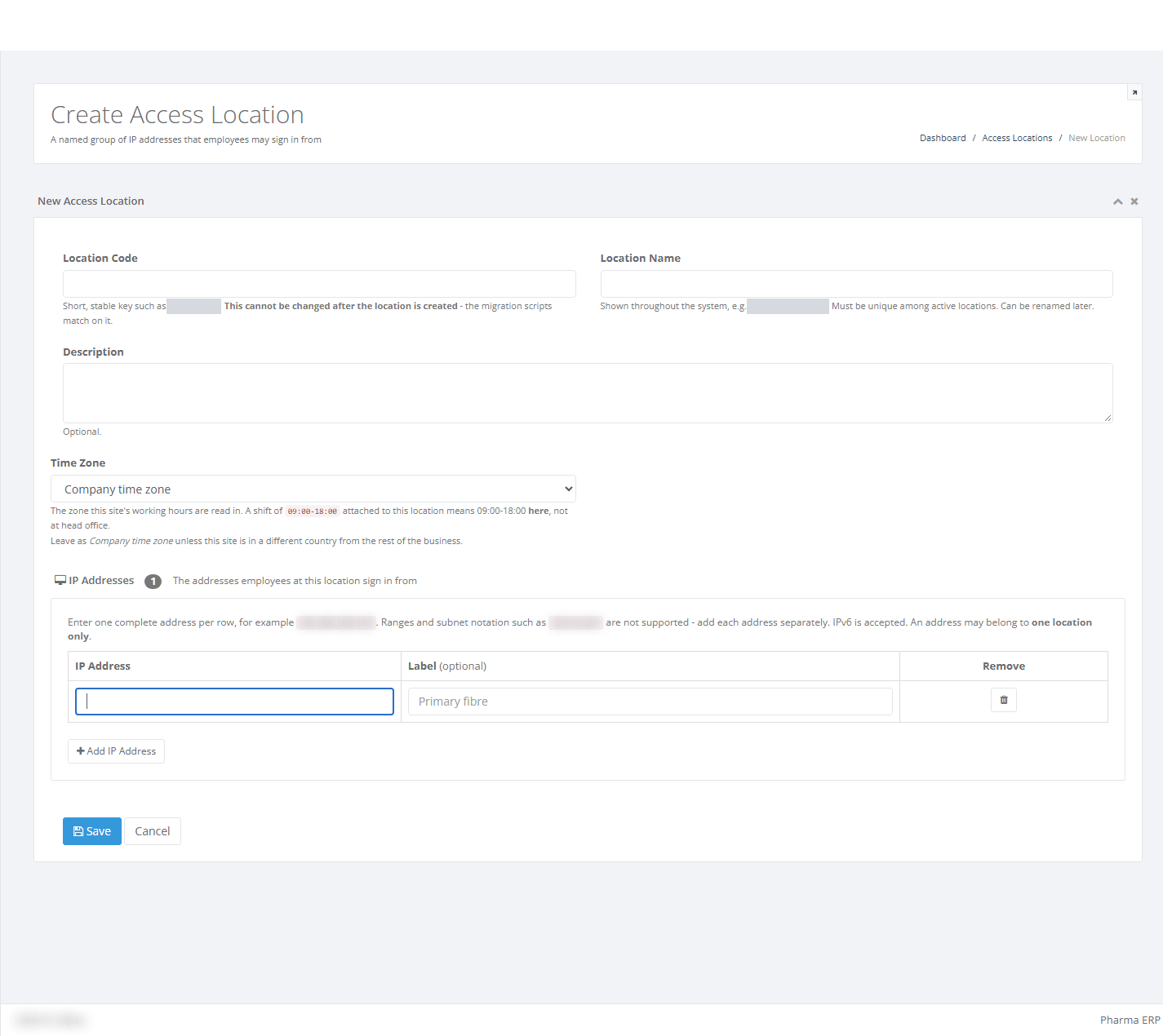 The empty Create Access Location form after clicking Add IP Address once