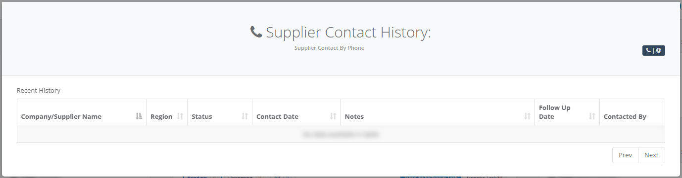 Supplier Contact History opened from the phone count