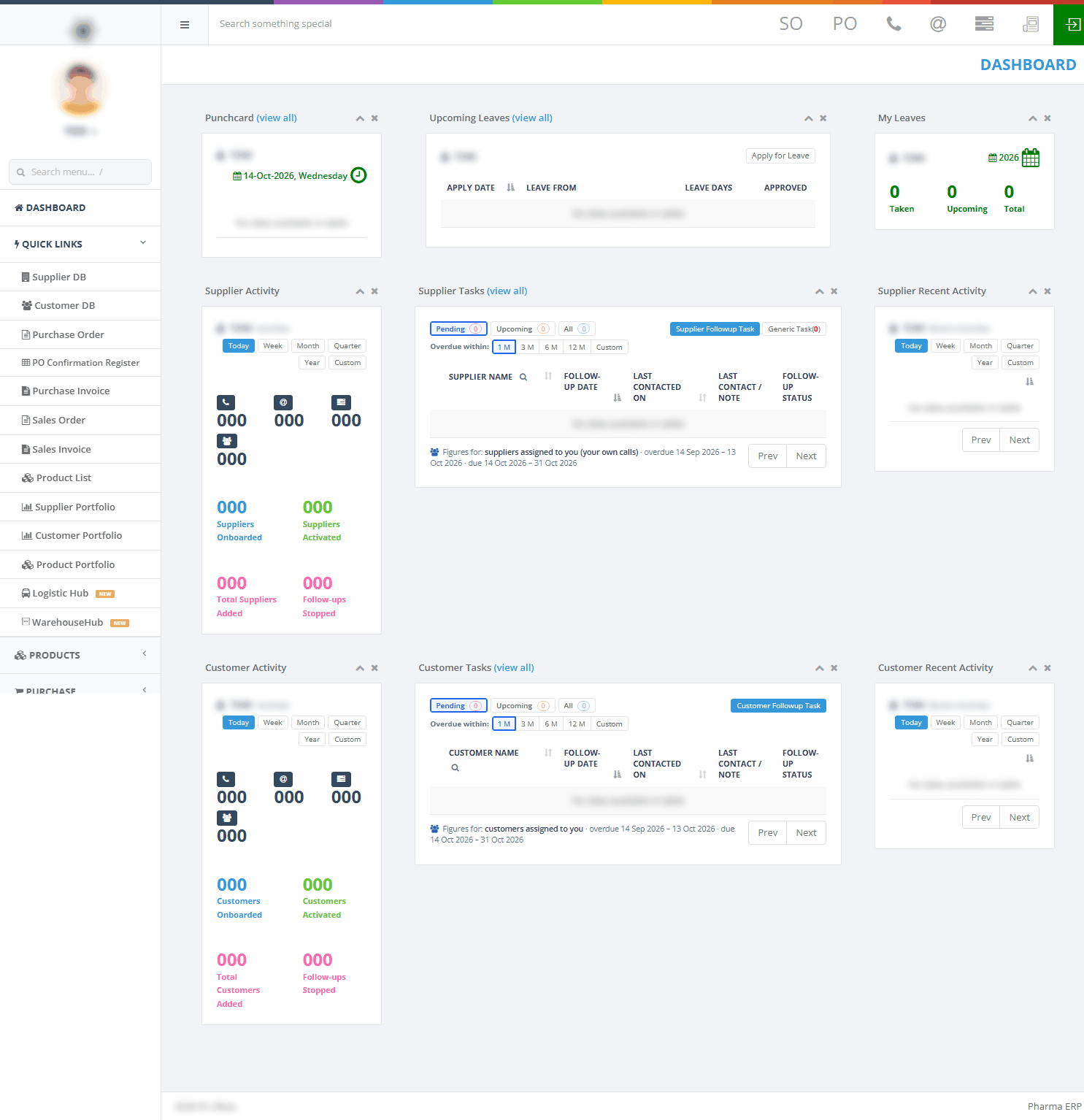 The Dashboard with three rows of cards, the left menu and the top bar